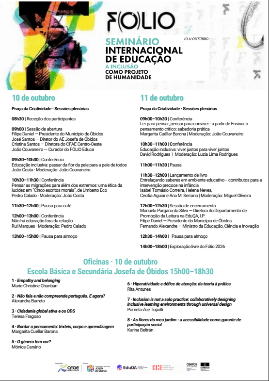 Programa do Seminário Internacional - Fólio Educa 2026 - Ações de formação para docentes e não docentes